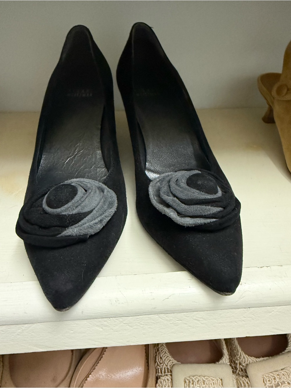 Stuart Weitzman Black Suede Pointed Toe Pumps with Gray Rosette